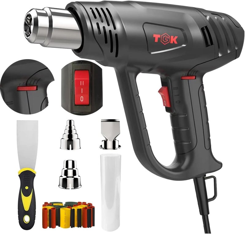 TGK Heat Gun, ® 1800W Heavy Duty Hot Air Gun Kit 122℉~1202℉ Dual Temperature Settings with 3 Nozzle Attachments Overload Protection for Crafts, Shrink Wrapping/Tubing, Paint Removing, Epoxy Resin - Image 1